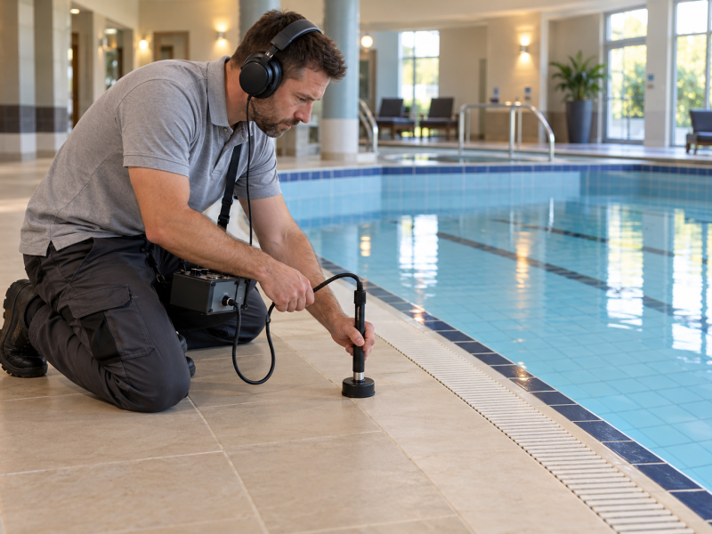 Illustrative engineer carrying out an acoustic leak investigation beside a commercial pool