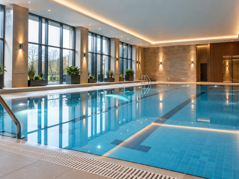Illustrative indoor commercial swimming pool with tiled surround and large windows