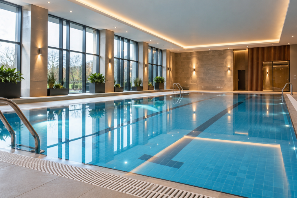 Illustrative indoor commercial swimming pool with tiled surround and large windows